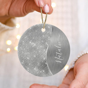 Silver Glitter Glam Bling Personlig Metallic Julgransprydnad Keramik