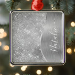 Silver Glitter Glam Bling Personlig Metallic Julgransprydnad Metall<br><div class="desc">Anpassa enkelt det här silver-borstat metall och glamorös faux glitter-mönstrad ornament med ditt eget namn.</div>