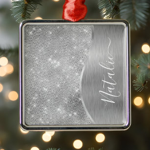 Silver Glitter Glam Bling Personlig Metallic Julgransprydnad Metall