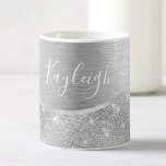 Silver Glitter Glam Bling Personlig Metallic Kaffemugg<br><div class="desc">Anpassa enkelt det här silver-borstat metall och gloriskt faux glitter-beskyddade kaffet mugg med ditt eget namn.</div>