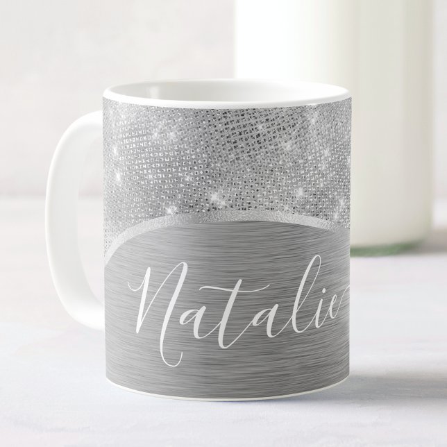 Silver Glitter Glam Bling Personlig Metallic Kaffemugg (Skapare uppladdad)