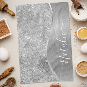 Silver Glitter Glam Bling Personlig Metallic Kökshandduk
