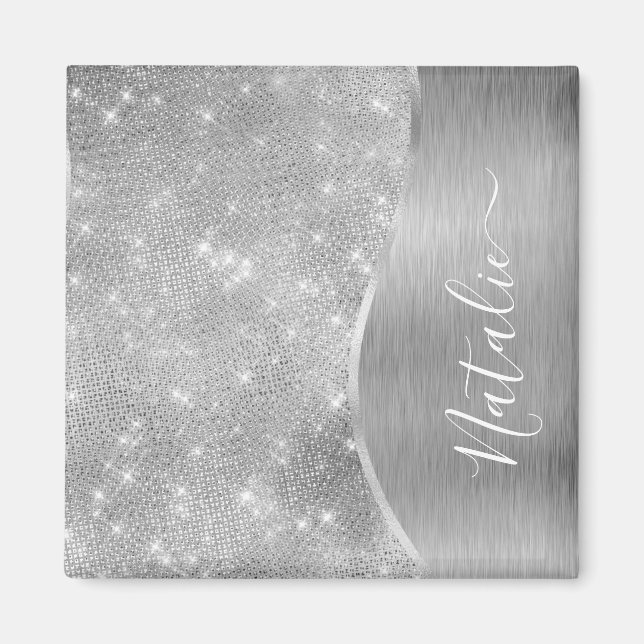 Silver Glitter Glam Bling Personlig Metallic Magnet (Framsidan)
