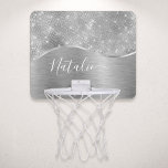 Silver Glitter Glam Bling Personlig Metallic Mini-Basketkorg<br><div class="desc">Anpassa enkelt metall och gloriskt faux glitter i silver med ditt eget namn.</div>