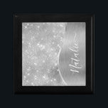 Silver Glitter Glam Bling Personlig Metallic Minnesask<br><div class="desc">Anpassa enkelt dessa silver borstat metall och en glamorös faux glitter-mönstrad presentlåda med ditt eget namn.</div>