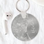 Silver Glitter Glam Bling Personlig Metallic Nyckelring<br><div class="desc">Anpassa enkelt den här silver-borstat metall och glamorös faux glitter-mönstrad nyckelkedja med eget namn.</div>