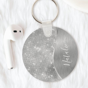 Silver Glitter Glam Bling Personlig Metallic Nyckelring