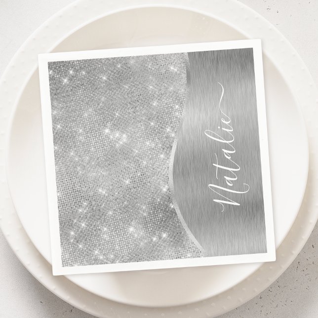 Silver Glitter Glam Bling Personlig Metallic Pappersservett (Skapare uppladdad)