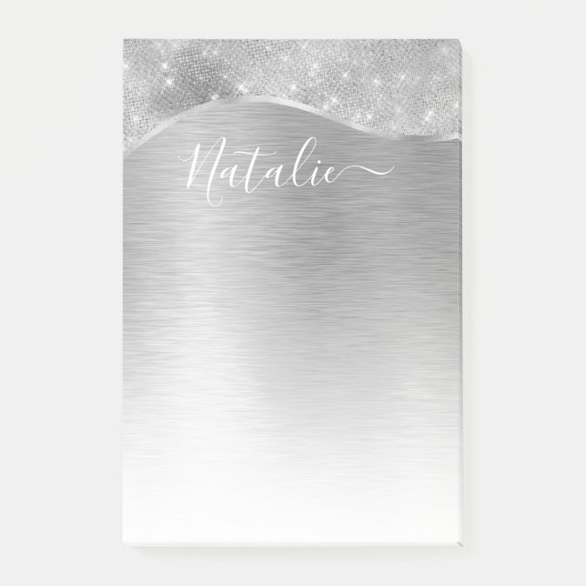 Silver Glitter Glam Bling Personlig Metallic Post-it Block (Framsida)