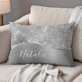 Silver Glitter Glam Bling Personlig Metallic Prydnadskudde