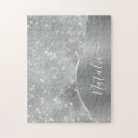 Silver Glitter Glam Bling Personlig Metallic Pussel<br><div class="desc">Anpassa enkelt det här silver-borstat metall och det glamorösa fiktiva pusslet från glitter med ditt eget namn.</div>