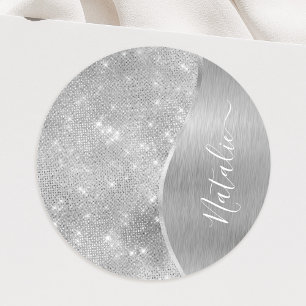 Silver Glitter Glam Bling Personlig Metallic Runt Klistermärke