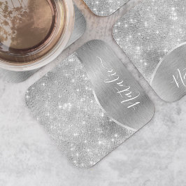 Silver Glitter Glam Bling Personlig Metallic Underlägg Papper Kvadrat