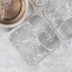 Silver Glitter Glam Bling Personlig Metallic Underlägg Papper Kvadrat