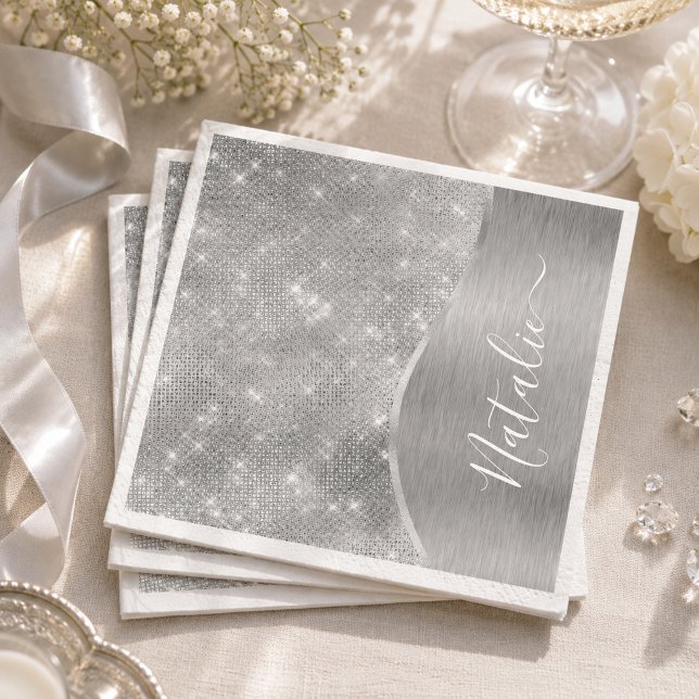Silver Glitter Glam Bling Personlig Metallisk Pappersservett (Skapare uppladdad)