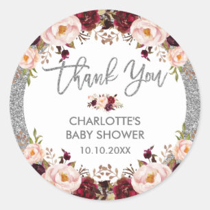 Silver Glitter Glam Burgundy Blush Blommig Dusch Runt Klistermärke