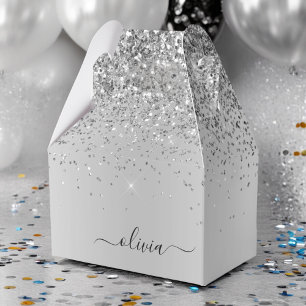 Silver Glitter Glam Metall Monogram Namn Presentaskar