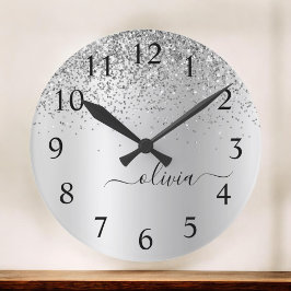 Silver Glitter Glam Metall Monogram Namn Stor Klocka