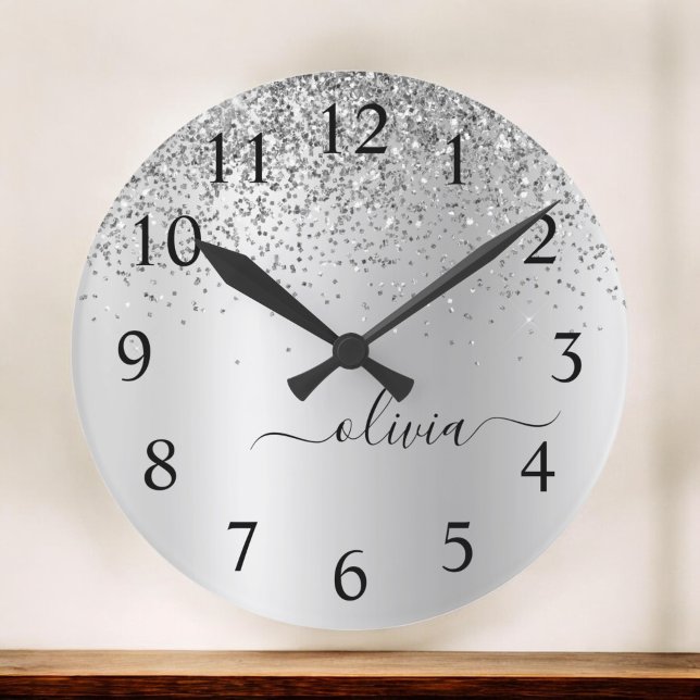 Silver Glitter Glam Metall Monogram Namn Stor Klocka (Skapare uppladdad)