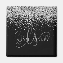 Silver Glitter Glam Monogram Namn Magnet