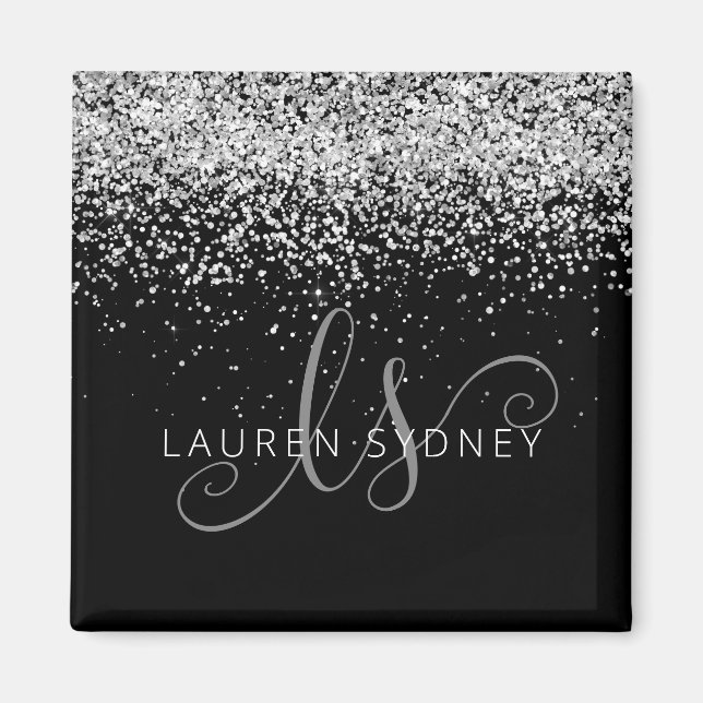 Silver Glitter Glam Monogram Namn Magnet (Framsidan)