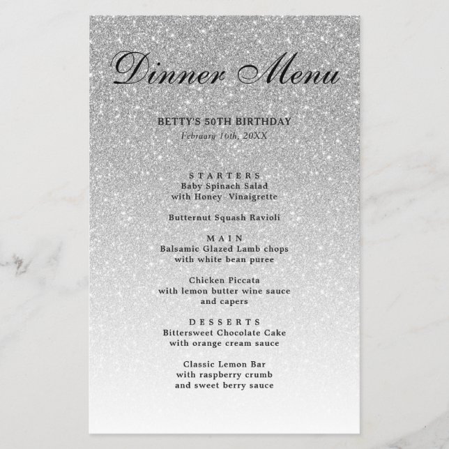 Silver Glitter Glam Party Menu Flygblad (Framsidan)
