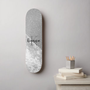 Silver Glitter Glam Silver Marble Monogram Mini Skateboard Bräda 18,5 Cm
