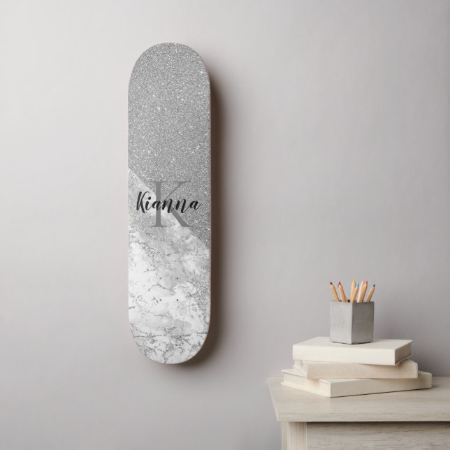 Silver Glitter Glam Silver Marble Monogram Mini Skateboard Bräda 18,5 Cm (Väggkonst)