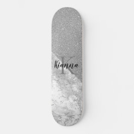 Silver Glitter Glam Silver Marble Monogram Mini Skateboard Bräda 18,5 Cm