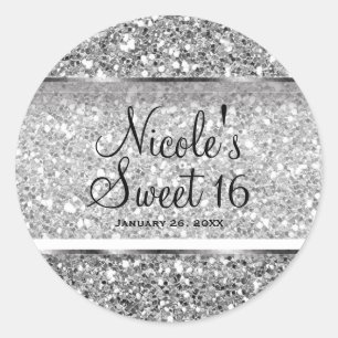 Silver Glitter Glam Sweet 16 Anpassad Festpresent Runt Klistermärke