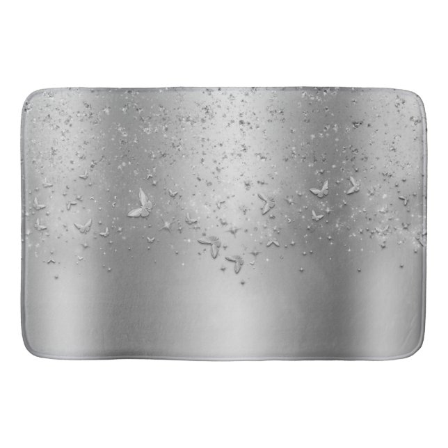 Silver Glitter Glans Fladdrande Fjäril Badrumsmatta (Framsidan)