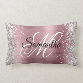 Silver Glitter Glänsande Rosa Folie Monogram Lumbarkudde