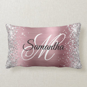 Silver Glitter Glänsande Rosa Folie Monogram Lumbarkudde
