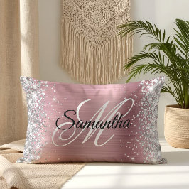 Silver Glitter Glänsande Rosa Folie Monogram Lumbarkudde