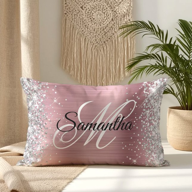 Silver Glitter Glänsande Rosa Folie Monogram Lumbarkudde (Silver Glitter Shiny Pink Foil Monogram Lumbar Pillow)