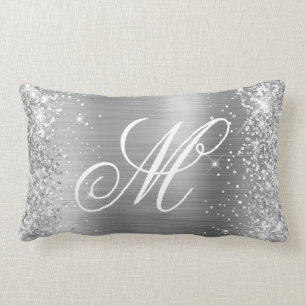 Silver Glitter Glänsande Satin Folie Monogram Lumbarkudde