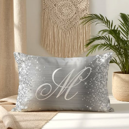 Silver Glitter Glänsande Satin Folie Monogram Lumbarkudde