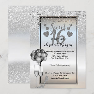 Silver glitter, glas, ballonger Sweet 16-fest Inbjudningar