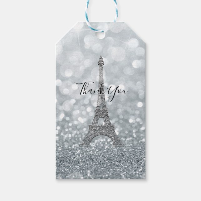 Silver Glitter Glitter Bling Eiffeltornet Party Presentetikett (Framsidan)
