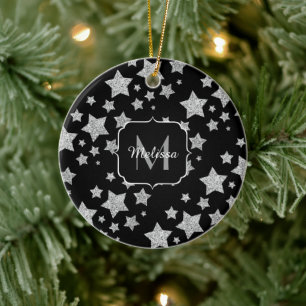 Silver glitter-glitter Stars mönster Monogram Julgransprydnad Keramik