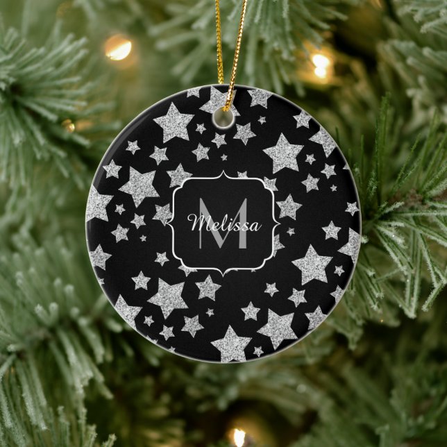 Silver glitter-glitter Stars mönster Monogram Julgransprydnad Keramik (Träd)