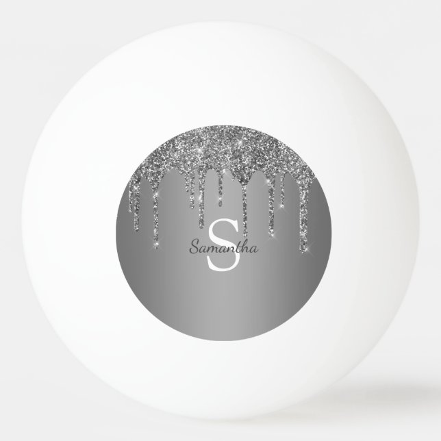 Silver Glitter Glitterdroppar Folie Monogram Namn Pingisboll (Framsidan)