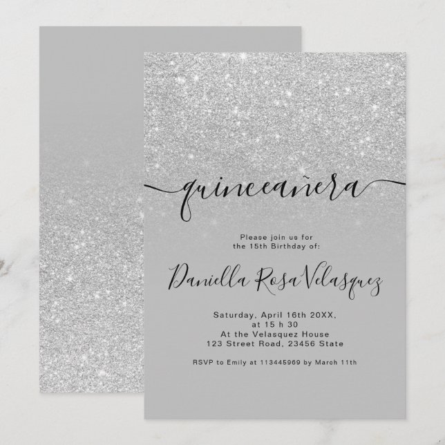Silver glitter-glittrar grått ombre quinceanera inbjudningar (Fram/baksida)