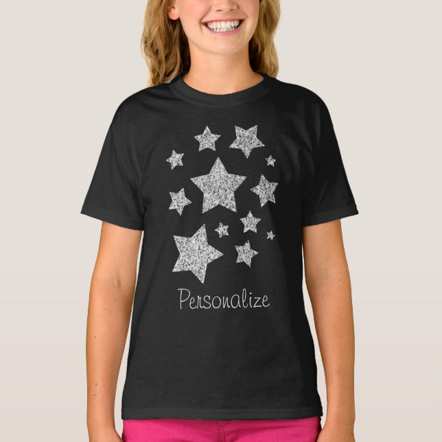 Silver glitter-glittrar Stars Personalize T Shirt (Framsida)