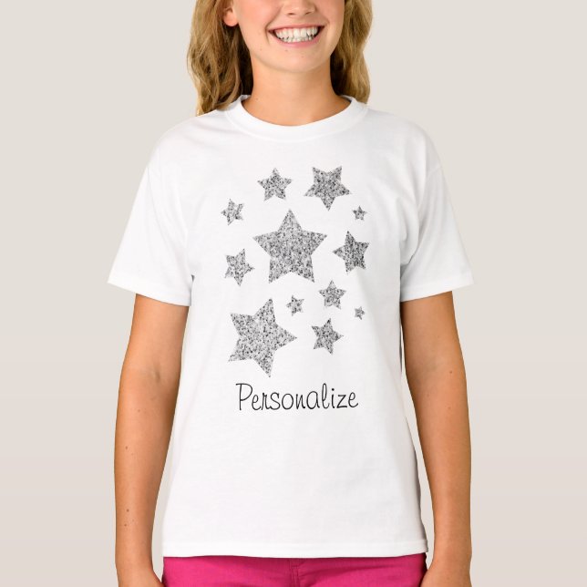 Silver glitter-glittrar Stars Personalize T Shirt (Framsida)
