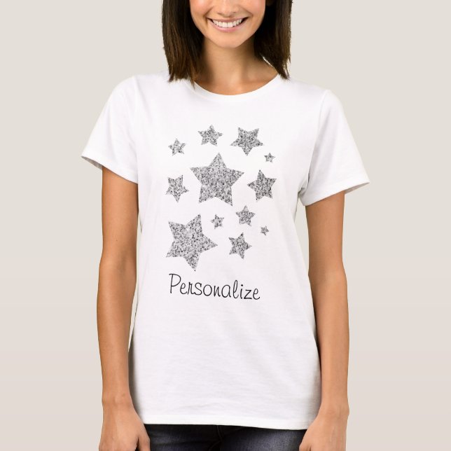 Silver glitter-glittrar Stars Personalize Tee Shirt (Framsida)