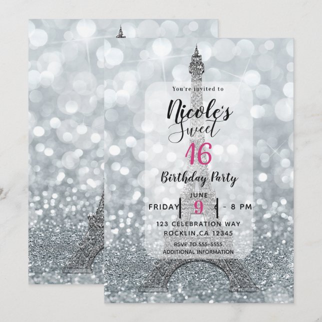 Silver Glitter Gnista Bling Eiffeltornet Party Inbjudningar (Fram/baksida)