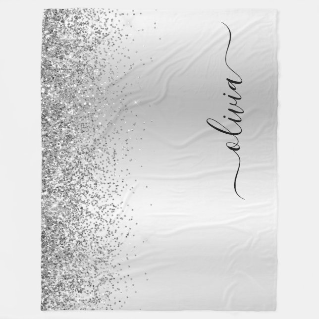 Silver Glitter Gnista Metall Monogram Namn Fleecefilt (Framsidan)