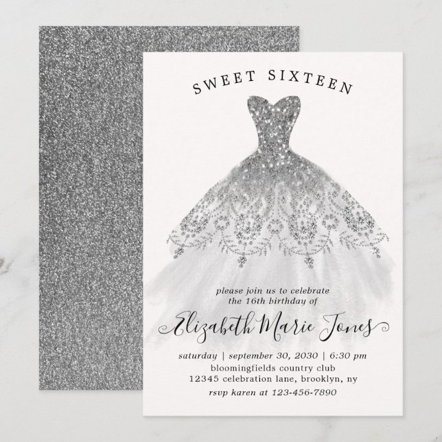 Silver Glitter Gnistra Dress Sweet 16:e födelsedag Inbjudningar (Fram/baksida)