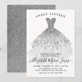 Silver Glitter Gnistra Dress Sweet 16:e födelsedag Inbjudningar